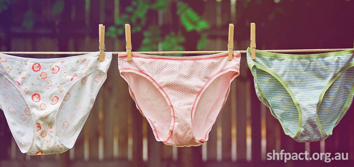 A photograph of three womens underwear drying on an out doors clothing line.