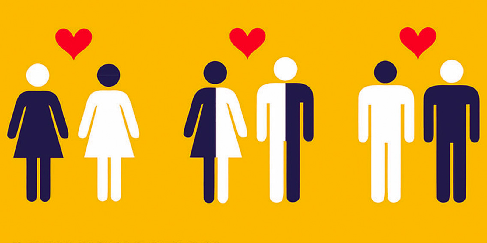 A graphic of different types of couples against a yellow background.