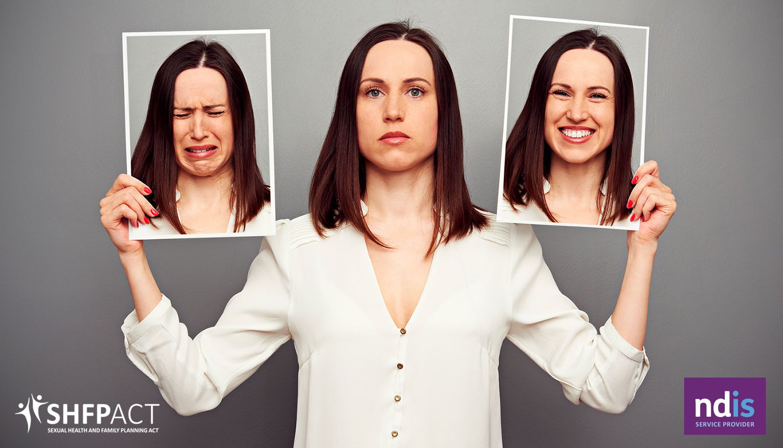 Woman holding up photos of herself with different emotional states.